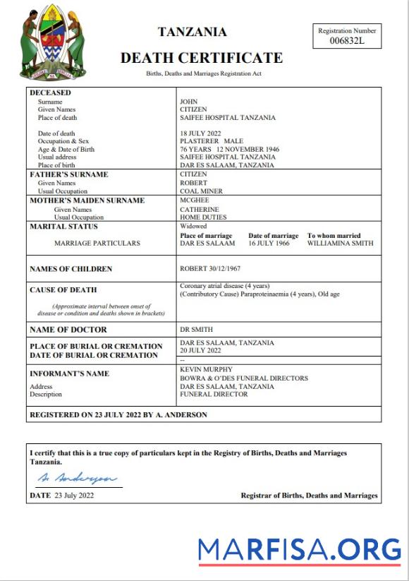 Downloadable Tanzania vital record death certificate Word and PDF template